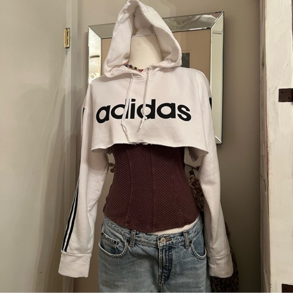 adidas White Cropped Hoodie with Black Logo and Stripe - Picture 9 of 12